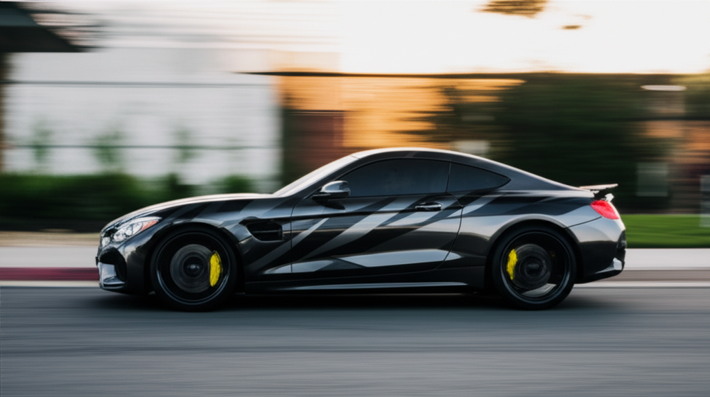 Matte black sports car with custom vinyl wrap